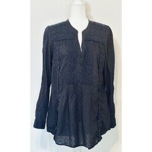 Leifnotes Anthropologie Size 8 Navy Laced Embroidery RollTab Sleeve Blouse